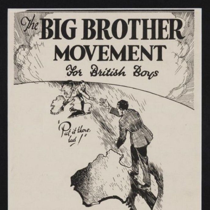 Black and white poster showing a man reaching from Australia to Europe